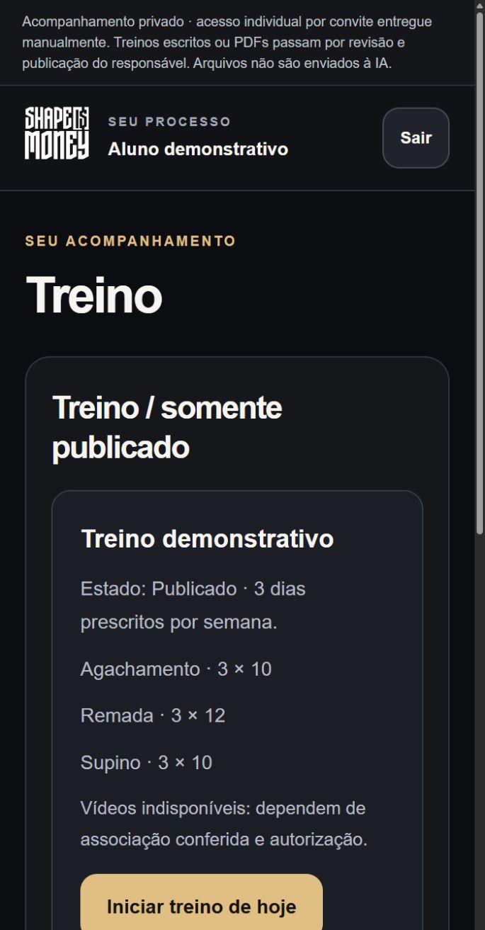 Tela real demonstrativa de treino publicado: exercícios fictícios, acesso manual e vídeos indisponíveis.